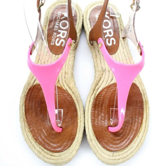 Michael Kors T-Strap Sandals Brown Leather Pink - Picture 2 of 5